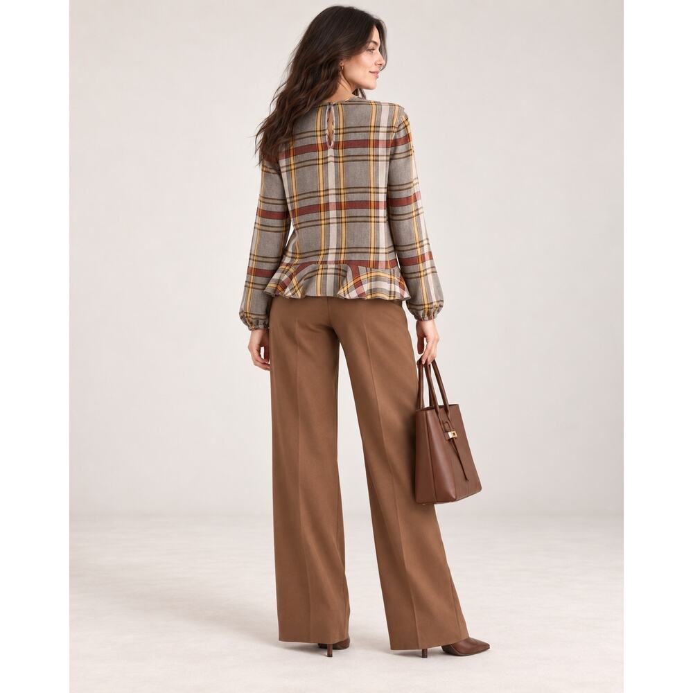Longchamp Paris Plaid Wool Viscose Ruffle Hem Blouse Size 42 US 10 NWT - Picture 6 of 11